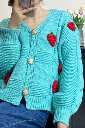 Casual Day Outfits, Easy Trendy Outfits 3D Strawberry Pattern Cardigan