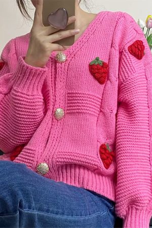 Casual Day Outfits, Easy Trendy Outfits 3D Strawberry Pattern Cardigan
