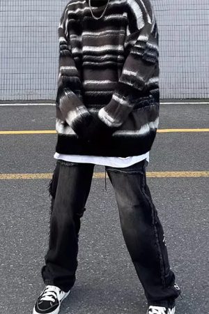 Casual Day Outfits, Easy Trendy Outfits 90's Aesthetic Striped Knit Sweater