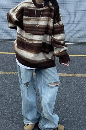 Casual Day Outfits, Easy Trendy Outfits 90's Aesthetic Striped Knit Sweater