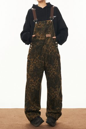 Casual Day Outfits, Easy Trendy Outfits Animal Instincts Leopard Print Denim Overalls