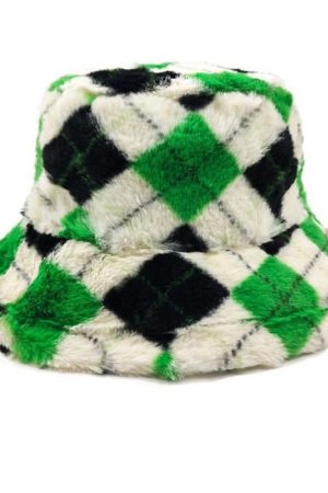 Casual Day Outfits, Easy Trendy Outfits Argyle Check Fluffy Bucket Hat