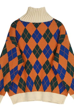 Casual Day Outfits, Easy Trendy Outfits Argyle Pattern Turtleneck Sweater