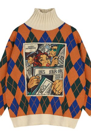 Casual Day Outfits, Easy Trendy Outfits Argyle Pattern Turtleneck Sweater