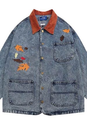 Casual Day Outfits, Easy Trendy Outfits Autumn Leaves Embroidery Denim Jacket