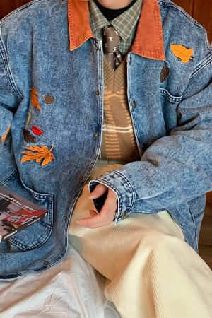 Casual Day Outfits, Easy Trendy Outfits Autumn Leaves Embroidery Denim Jacket