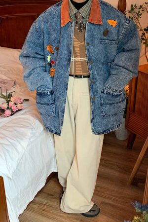 Casual Day Outfits, Easy Trendy Outfits Autumn Leaves Embroidery Denim Jacket