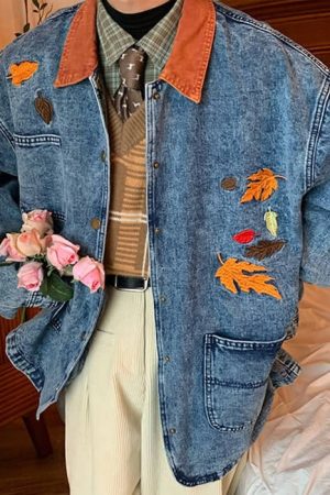 Casual Day Outfits, Easy Trendy Outfits Autumn Leaves Embroidery Denim Jacket