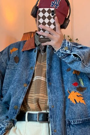 Casual Day Outfits, Easy Trendy Outfits Autumn Leaves Embroidery Denim Jacket