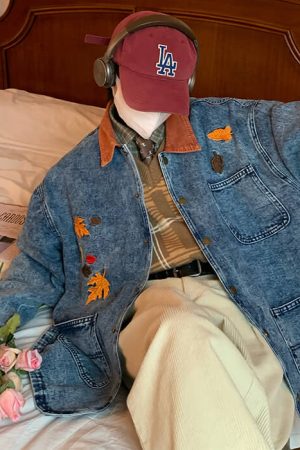 Casual Day Outfits, Easy Trendy Outfits Autumn Leaves Embroidery Denim Jacket