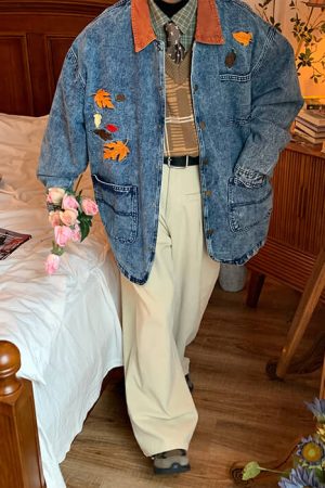 Casual Day Outfits, Easy Trendy Outfits Autumn Leaves Embroidery Denim Jacket