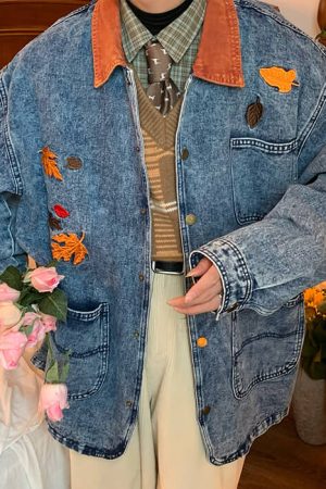Casual Day Outfits, Easy Trendy Outfits Autumn Leaves Embroidery Denim Jacket
