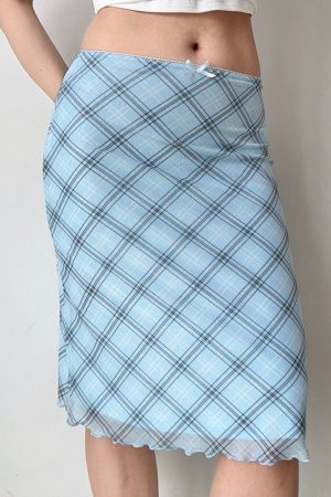 Casual Day Outfits, Easy Trendy Outfits Baby Blue Plaid Midi Skirt