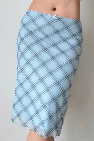 Casual Day Outfits, Easy Trendy Outfits Baby Blue Plaid Midi Skirt