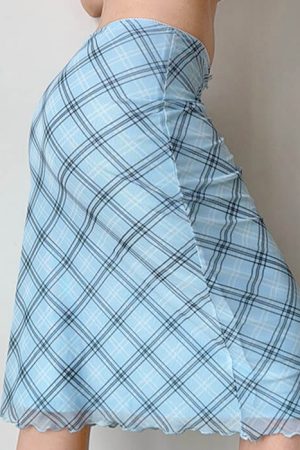 Casual Day Outfits, Easy Trendy Outfits Baby Blue Plaid Midi Skirt