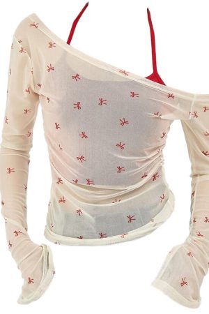 Casual Day Outfits, Easy Trendy Outfits Balletcore Aesthetic Bow Mesh Top