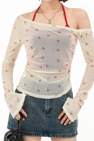 Casual Day Outfits, Easy Trendy Outfits Balletcore Aesthetic Bow Mesh Top