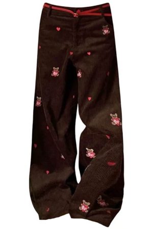 Casual Day Outfits, Easy Trendy Outfits Bear Embroidery Cord Pants