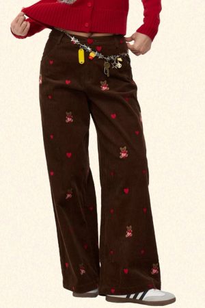 Casual Day Outfits, Easy Trendy Outfits Bear Embroidery Cord Pants