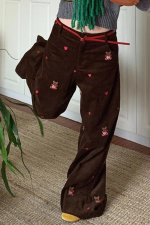 Casual Day Outfits, Easy Trendy Outfits Bear Embroidery Cord Pants