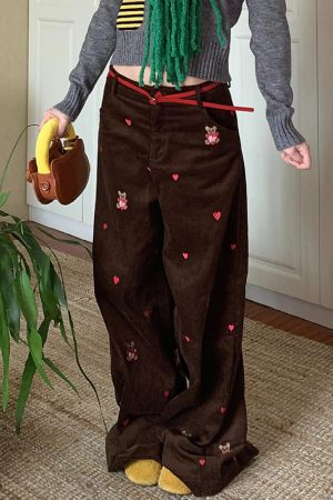 Casual Day Outfits, Easy Trendy Outfits Bear Embroidery Cord Pants