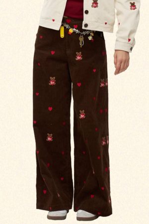 Casual Day Outfits, Easy Trendy Outfits Bear Embroidery Cord Pants