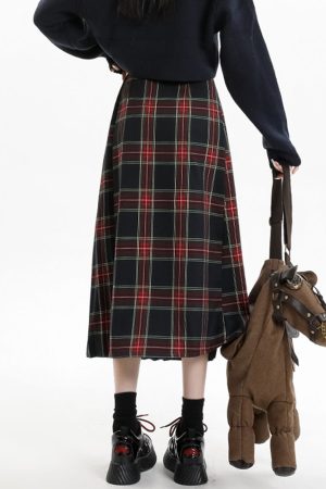 Casual Day Outfits, Easy Trendy Outfits Black and Red Plaid Midi Skirt