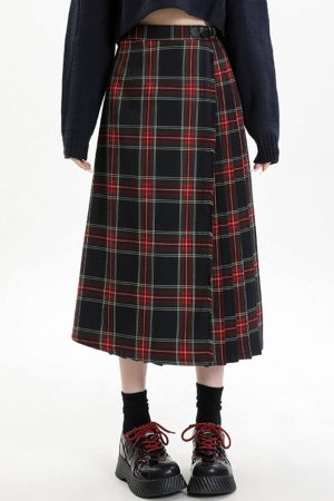 Casual Day Outfits, Easy Trendy Outfits Black and Red Plaid Midi Skirt