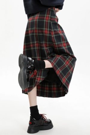 Casual Day Outfits, Easy Trendy Outfits Black and Red Plaid Midi Skirt