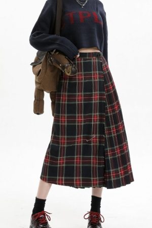 Casual Day Outfits, Easy Trendy Outfits Black and Red Plaid Midi Skirt