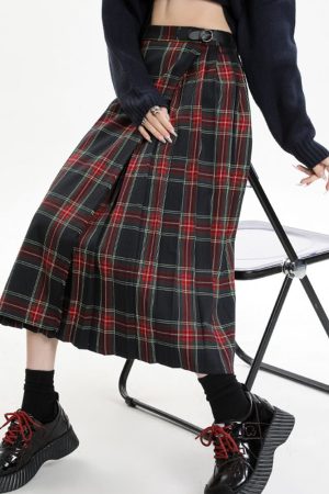 Casual Day Outfits, Easy Trendy Outfits Black and Red Plaid Midi Skirt