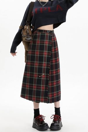 Casual Day Outfits, Easy Trendy Outfits Black and Red Plaid Midi Skirt