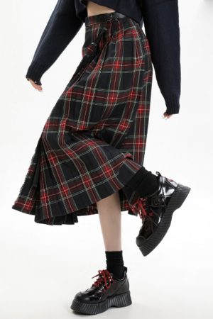 Casual Day Outfits, Easy Trendy Outfits Black and Red Plaid Midi Skirt