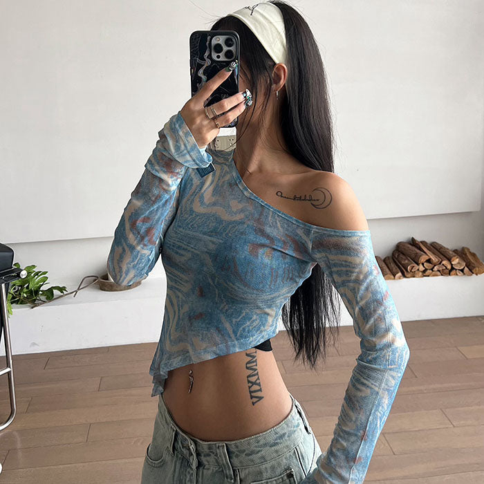 Casual Day Outfits, Easy Trendy Outfits Blue Marble Asymmetrical Crop Top Casual Day Outfits, Easy Trendy Outfits Blue Marble Asymmetrical Crop Top