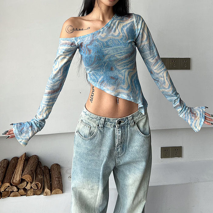 Casual Day Outfits, Easy Trendy Outfits Blue Marble Asymmetrical Crop Top Casual Day Outfits, Easy Trendy Outfits Blue Marble Asymmetrical Crop Top