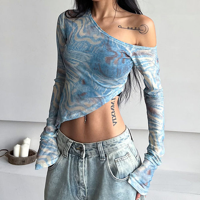 Casual Day Outfits, Easy Trendy Outfits Blue Marble Asymmetrical Crop Top Casual Day Outfits, Easy Trendy Outfits Blue Marble Asymmetrical Crop Top