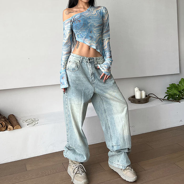 Casual Day Outfits, Easy Trendy Outfits Blue Marble Asymmetrical Crop Top Casual Day Outfits, Easy Trendy Outfits Blue Marble Asymmetrical Crop Top