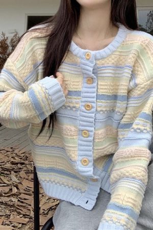 Casual Day Outfits, Easy Trendy Outfits Blue & Yellow Pastel Striped Cardigan