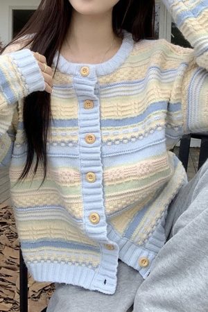 Casual Day Outfits, Easy Trendy Outfits Blue & Yellow Pastel Striped Cardigan
