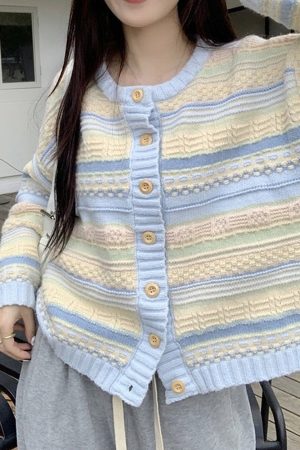 Casual Day Outfits, Easy Trendy Outfits Blue & Yellow Pastel Striped Cardigan