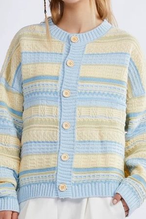 Casual Day Outfits, Easy Trendy Outfits Blue & Yellow Pastel Striped Cardigan