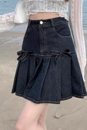 Casual Day Outfits, Easy Trendy Outfits Bow Denim Pleated Skirt