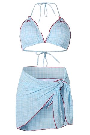 Casual Day Outfits, Easy Trendy Outfits Bow Embroidery Gingham Bikini Set & Beach Skirt
