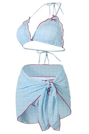 Casual Day Outfits, Easy Trendy Outfits Bow Embroidery Gingham Bikini Set & Beach Skirt