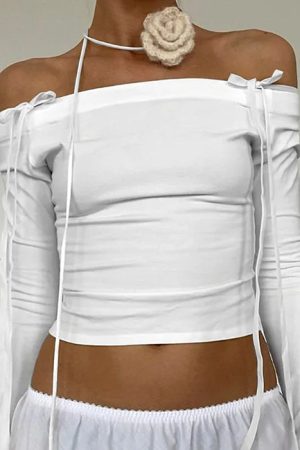 Casual Day Outfits, Easy Trendy Outfits Bow Off-Shoulder Long Sleeve Top