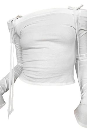 Casual Day Outfits, Easy Trendy Outfits Bow Off-Shoulder Long Sleeve Top