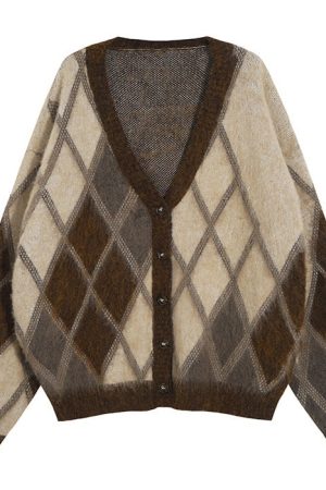 Casual Day Outfits, Easy Trendy Outfits Brown Argyle Fuzzy Cardigan