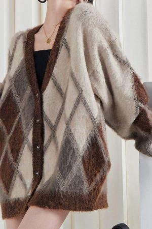 Casual Day Outfits, Easy Trendy Outfits Brown Argyle Fuzzy Cardigan