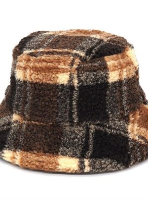 Casual Day Outfits, Easy Trendy Outfits Brown Plaid Fuzzy Bucket Hat