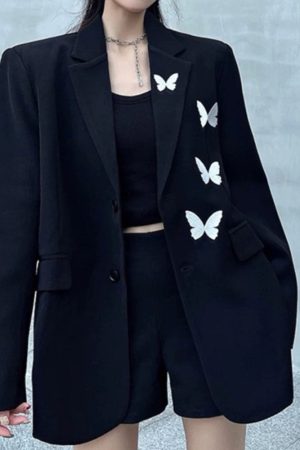 Casual Day Outfits, Easy Trendy Outfits Butterfly Embroidery Black Blazer